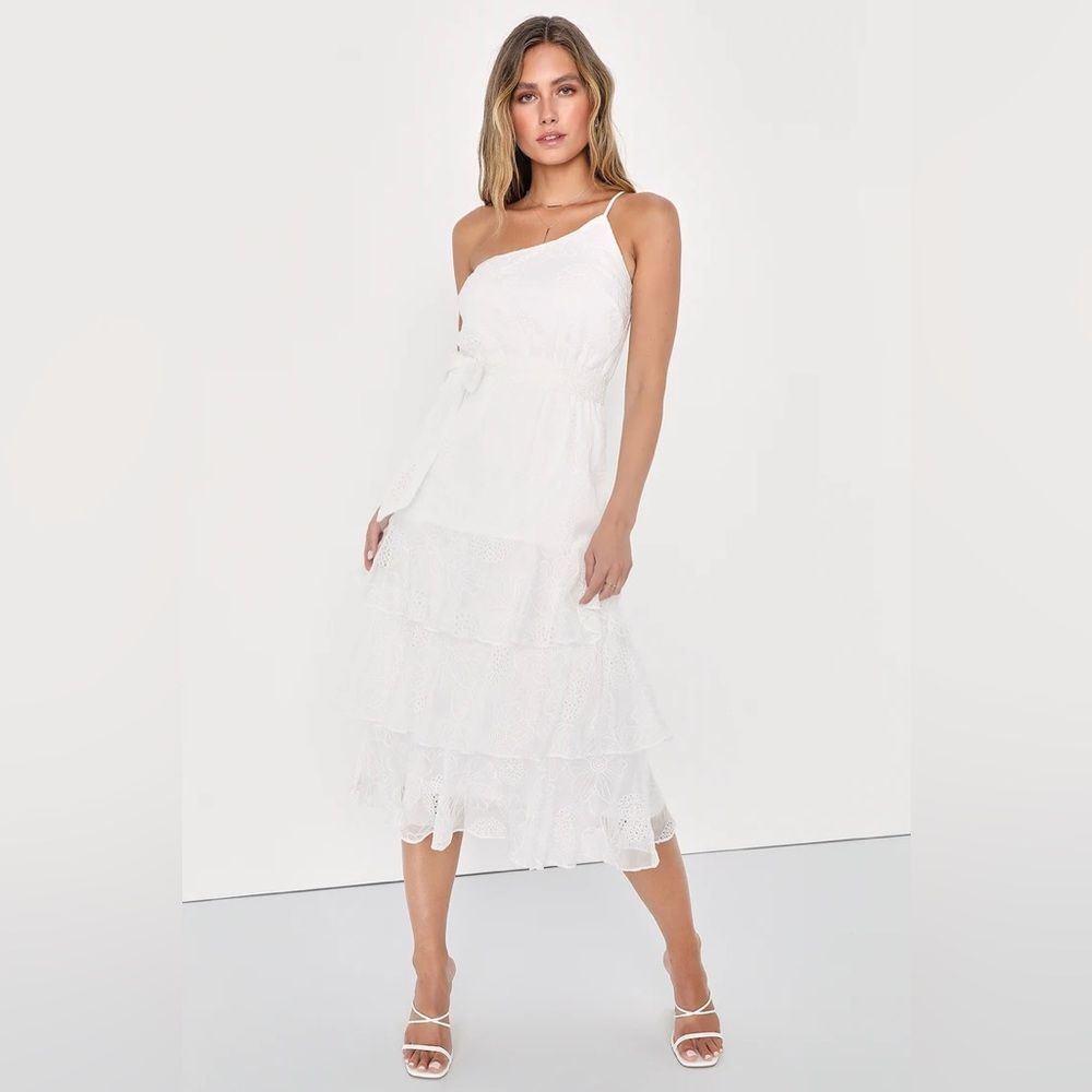 Lulus Gorgeous Impression White Embroidered One-Shoulder Midi Dress